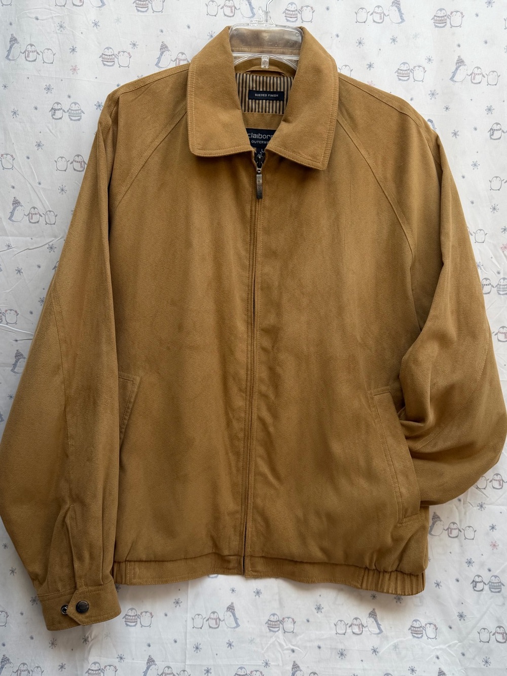 Claiborne Outerwear Tan Suede Finish Bomber Jacket Lined Muti Pockets. Size L